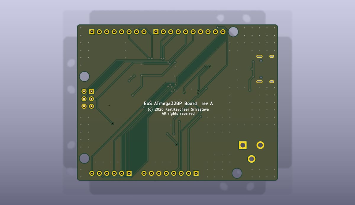 Bottom side of the EoS ATmega328P Board, rendered from its KiCad 3D model