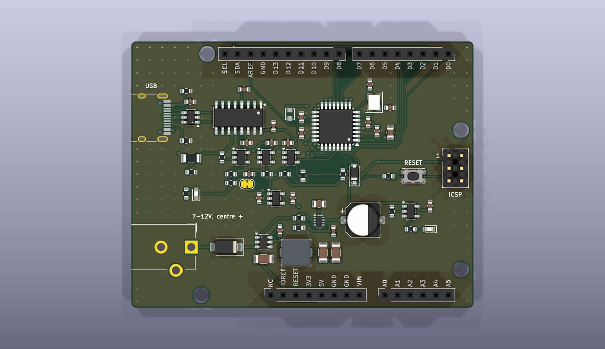 Top side of the EoS ATmega328P Board, rendered from its KiCad 3D model