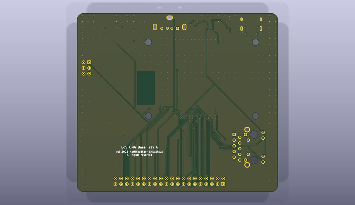 Bottom side of the EoS CM4 Base, rendered from its KiCad 3D model