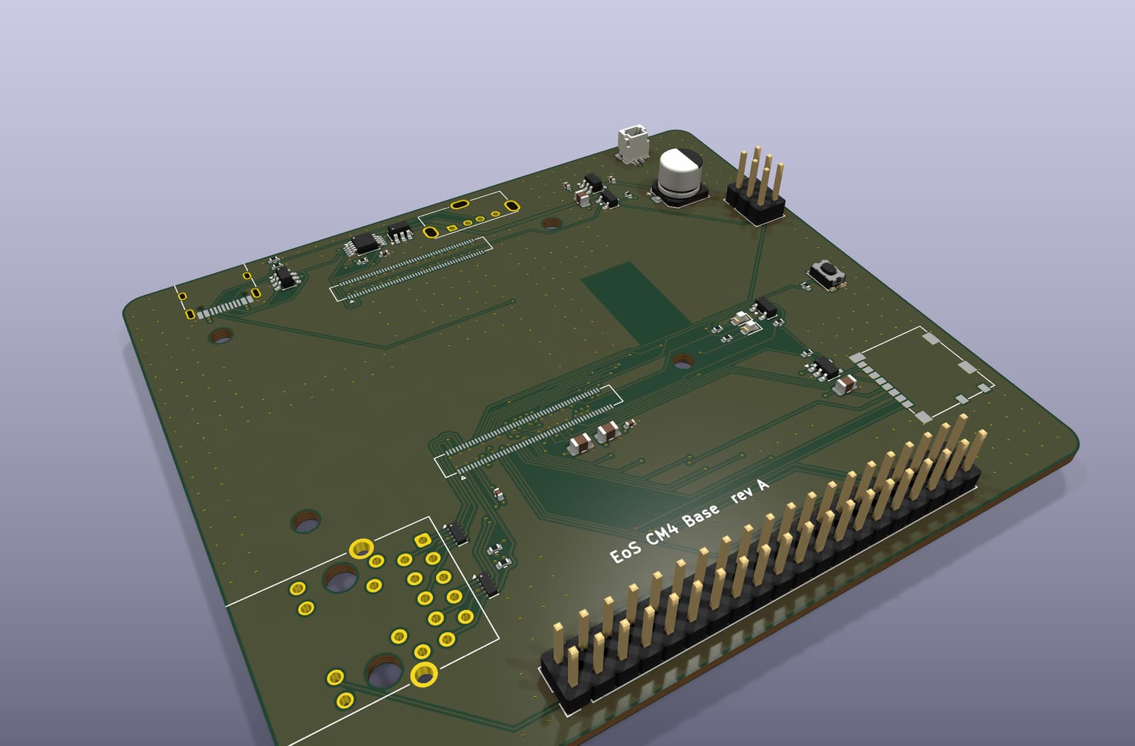 Perspective render of the EoS CM4 Base from its KiCad 3D model: the footprints of the two 100-pin module connectors, the MagJack's pads and the 40-pin GPIO header along one edge
