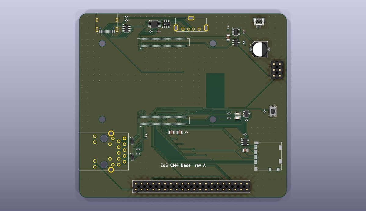 Top side of the EoS CM4 Base, rendered from its KiCad 3D model