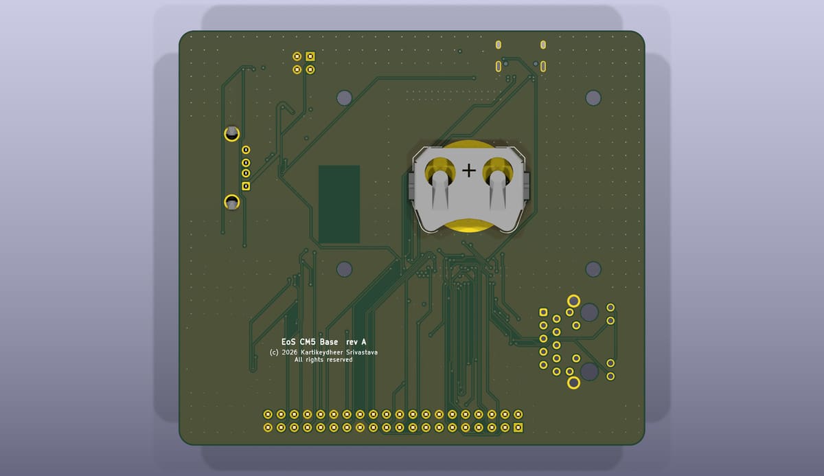 Bottom side of the EoS CM5 Base, rendered from its KiCad 3D model