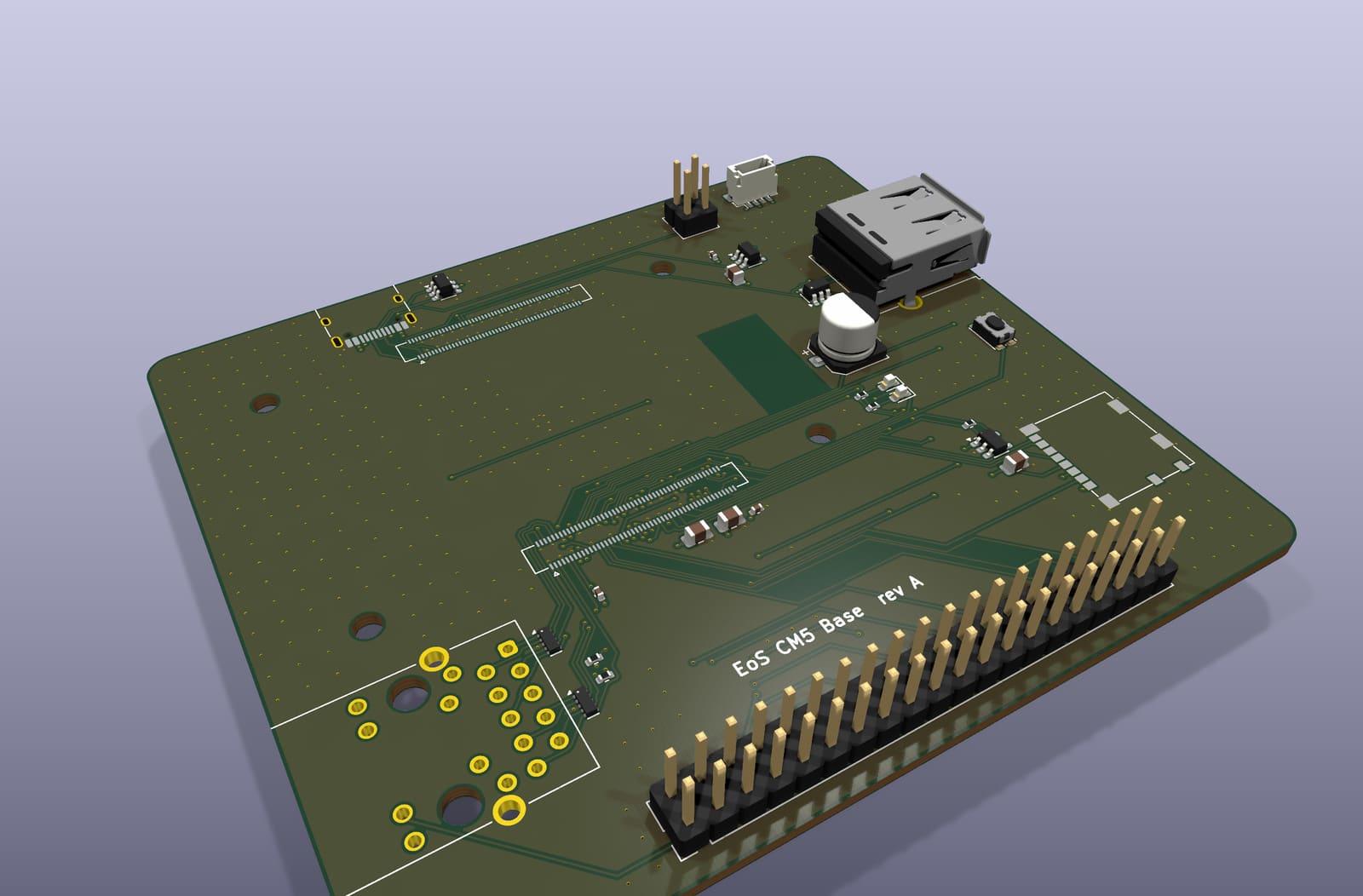 Perspective render of the EoS CM5 Base from its KiCad 3D model: the footprints of the two 100-pin module connectors, the USB-A port and the 40-pin GPIO header along one edge