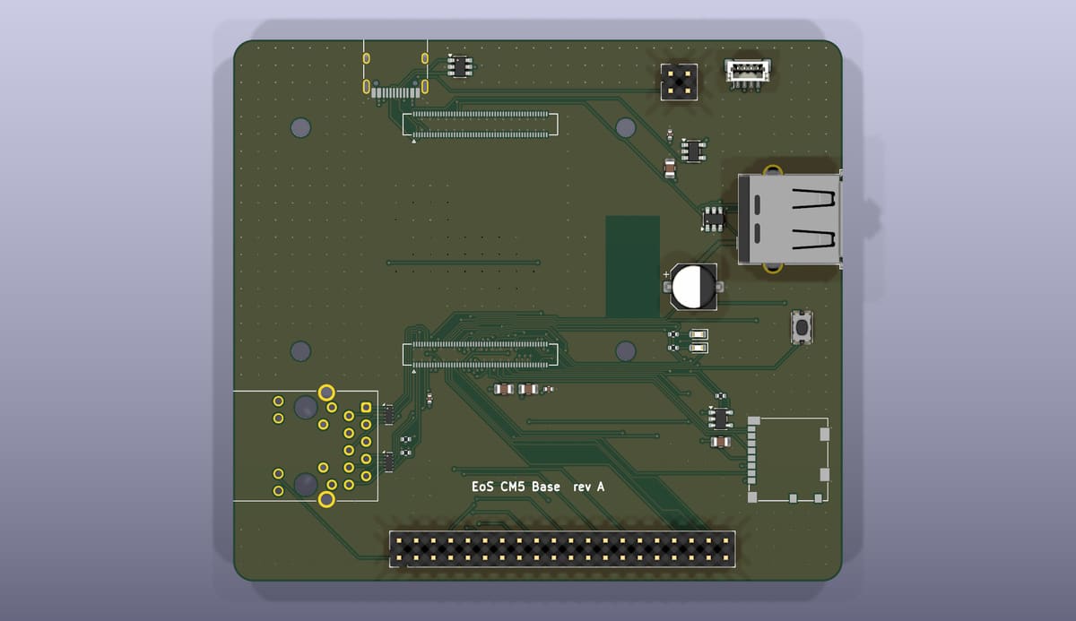 Top side of the EoS CM5 Base, rendered from its KiCad 3D model