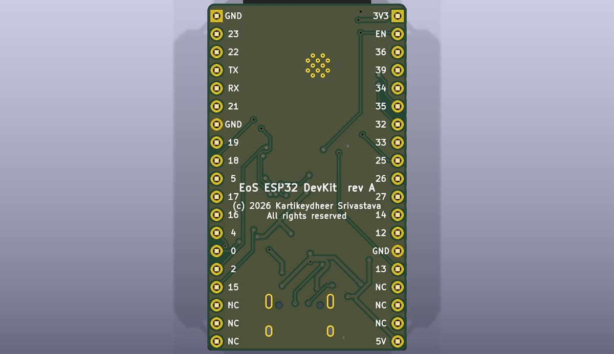 Bottom side of the EoS ESP32 DevKit, rendered from its KiCad 3D model