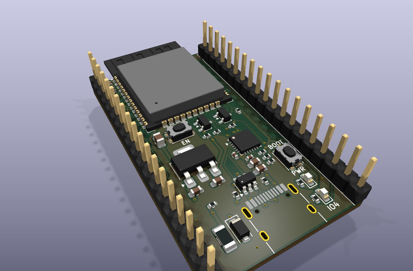 Perspective render of the EoS ESP32 DevKit from its KiCad 3D model: the ESP32-WROOM-32E module at one end with its antenna past the edge, the EN and BOOT buttons, and a 19-pin header down each side