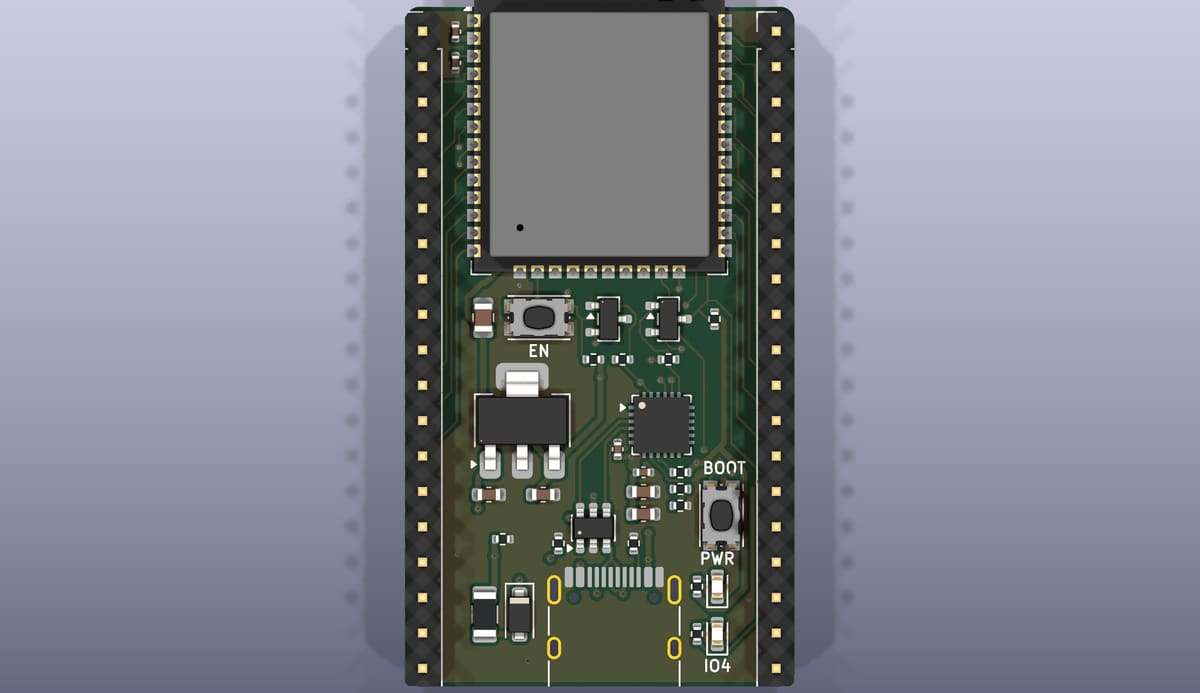 Top side of the EoS ESP32 DevKit, rendered from its KiCad 3D model