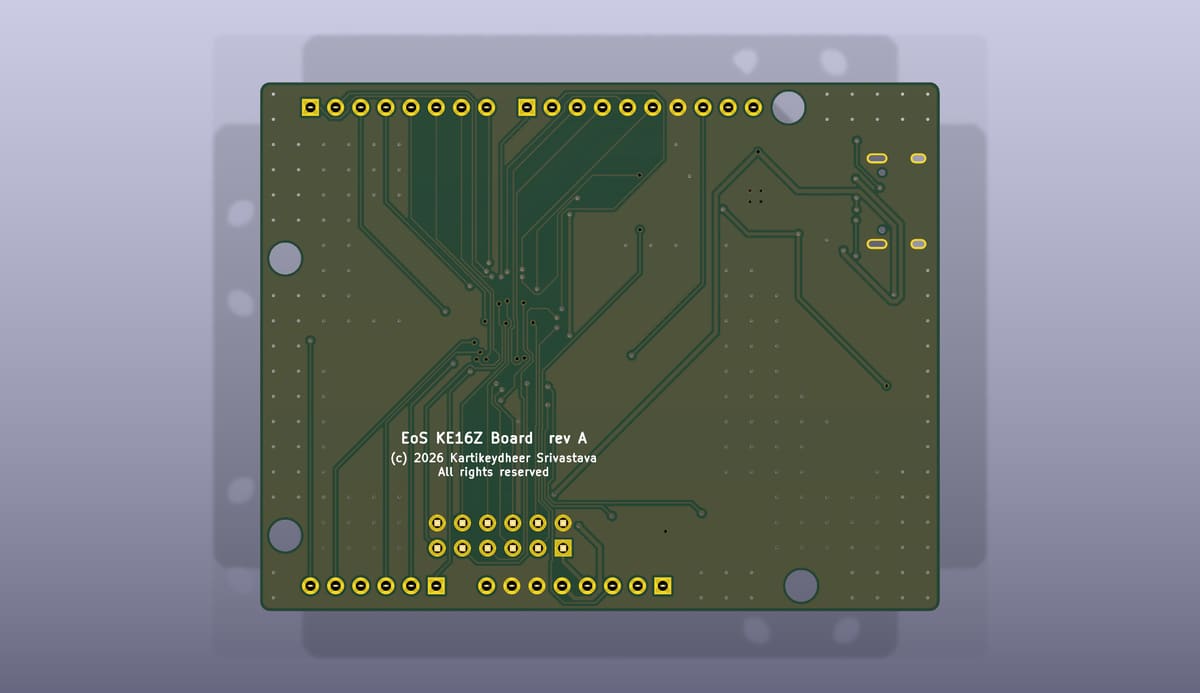 Bottom side of the EoS KE16Z Board, rendered from its KiCad 3D model