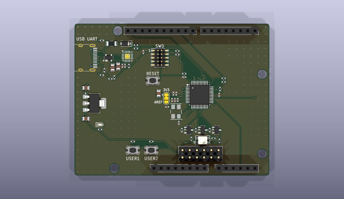 Top side of the EoS KE16Z Board, rendered from its KiCad 3D model