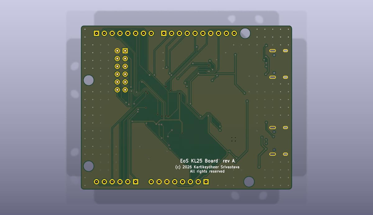 Bottom side of the EoS KL25 Board, rendered from its KiCad 3D model