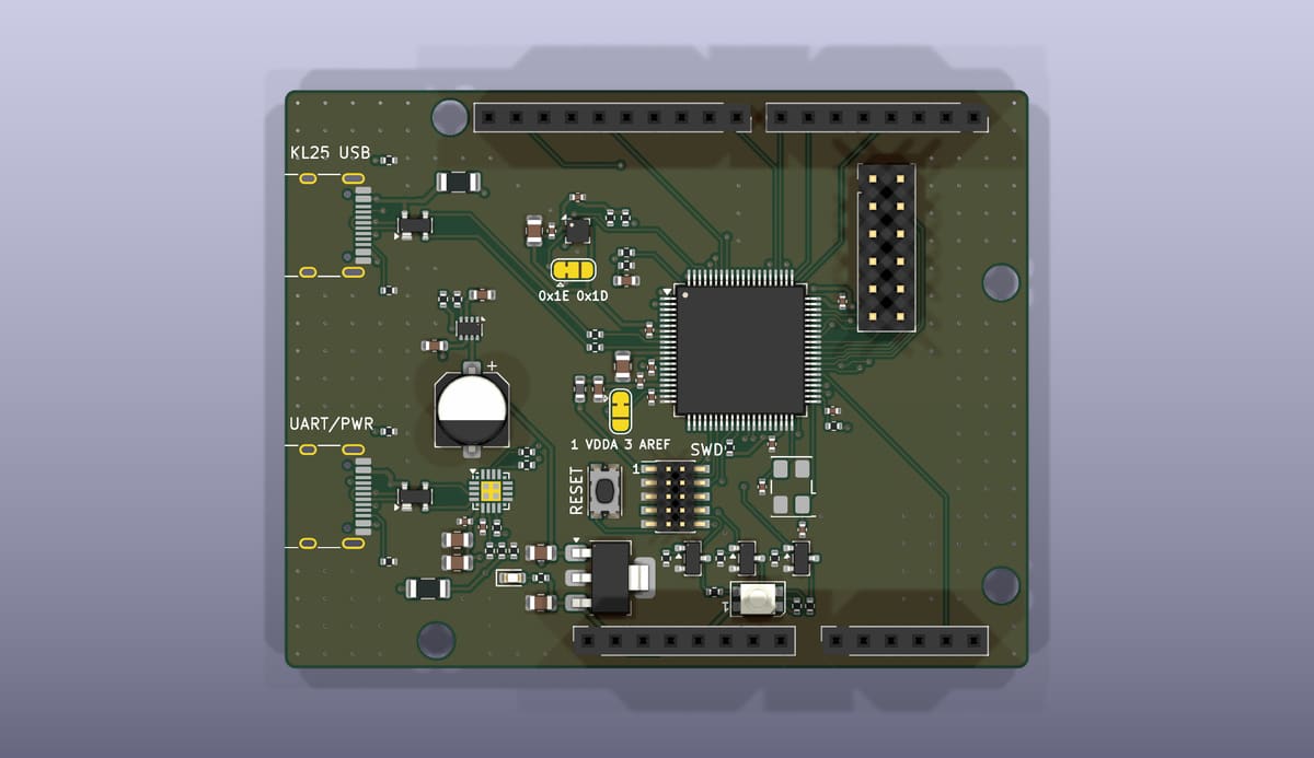 Top side of the EoS KL25 Board, rendered from its KiCad 3D model