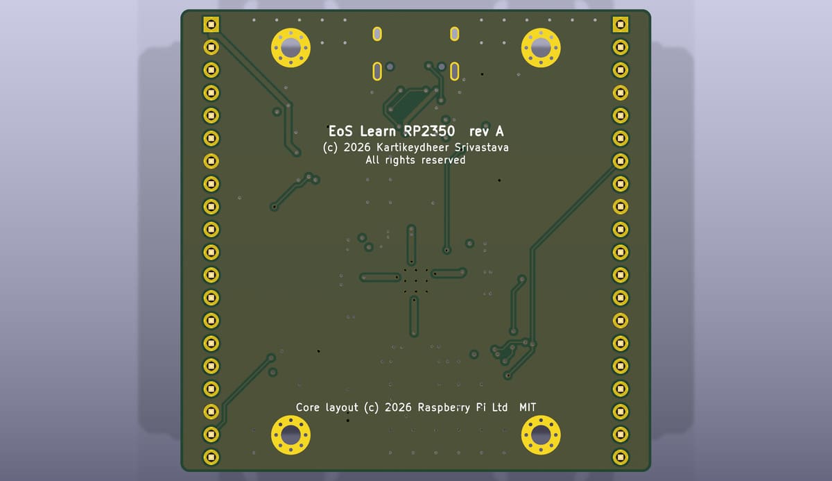 Bottom side of the EoS Learn RP2350, rendered from its KiCad 3D model