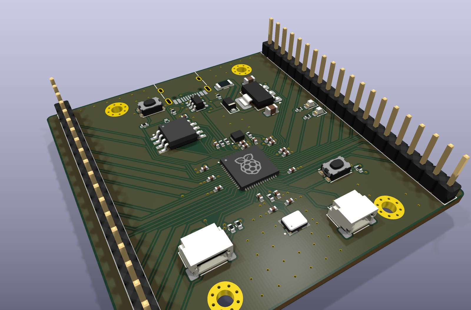 Perspective render of the EoS Learn RP2350 from its KiCad 3D model: the RP2350A at the centre, a 20-pin header down each side and the USB-C connector on one edge