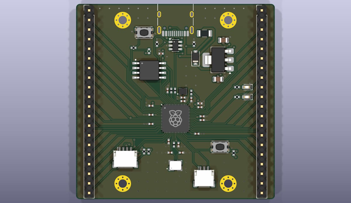 Top side of the EoS Learn RP2350, rendered from its KiCad 3D model