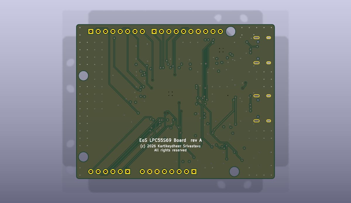 Bottom side of the EoS LPC55S69 Board, rendered from its KiCad 3D model