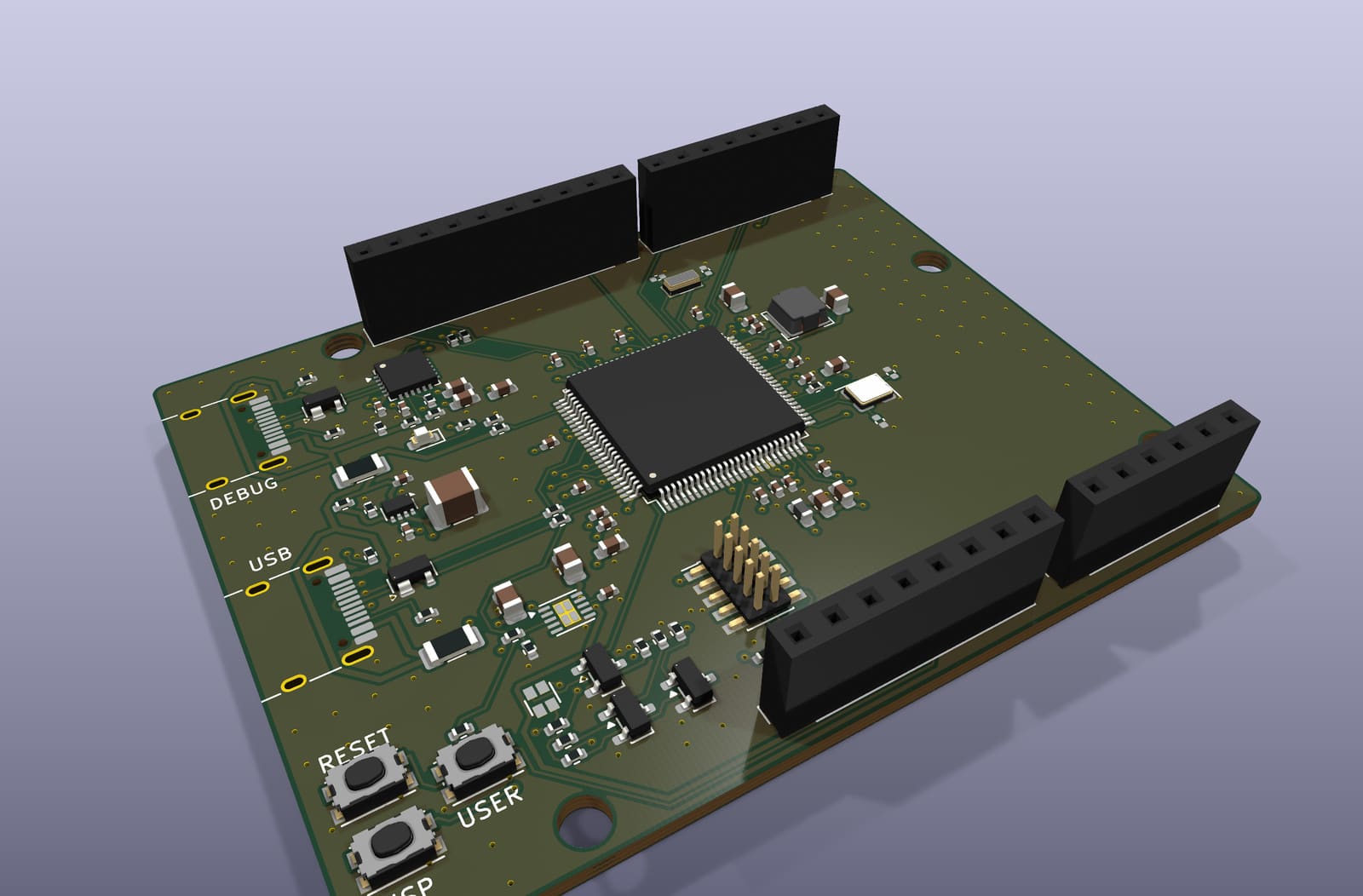 Perspective render of the EoS LPC55S69 Board from its KiCad 3D model: the exposed-pad HLQFP-100 MCU inside the shield headers, with two USB-C ports
