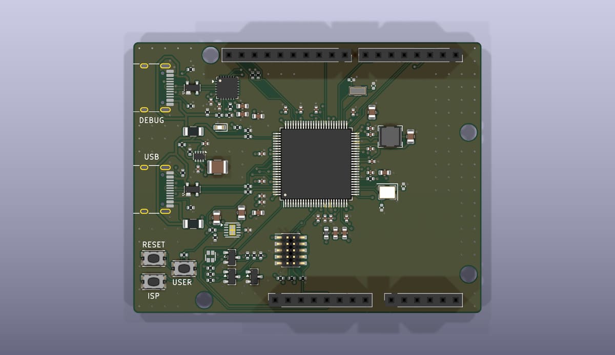 Top side of the EoS LPC55S69 Board, rendered from its KiCad 3D model