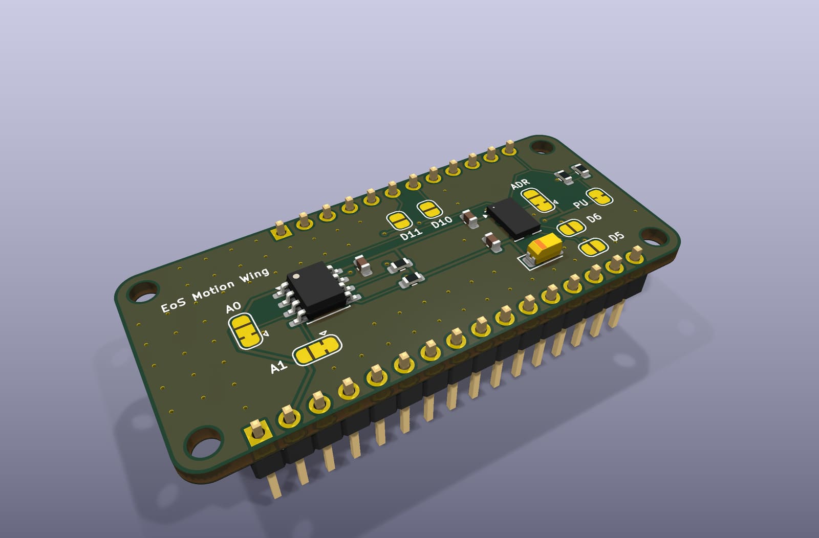 Perspective render of the EoS Motion Wing from its KiCad 3D model: the Feather header rows along both long edges, the two sensors between them and the address and interrupt solder jumpers