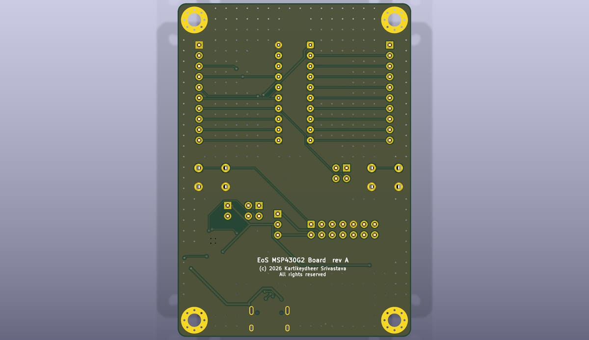 Bottom side of the EoS MSP430G2 Board, rendered from its KiCad 3D model