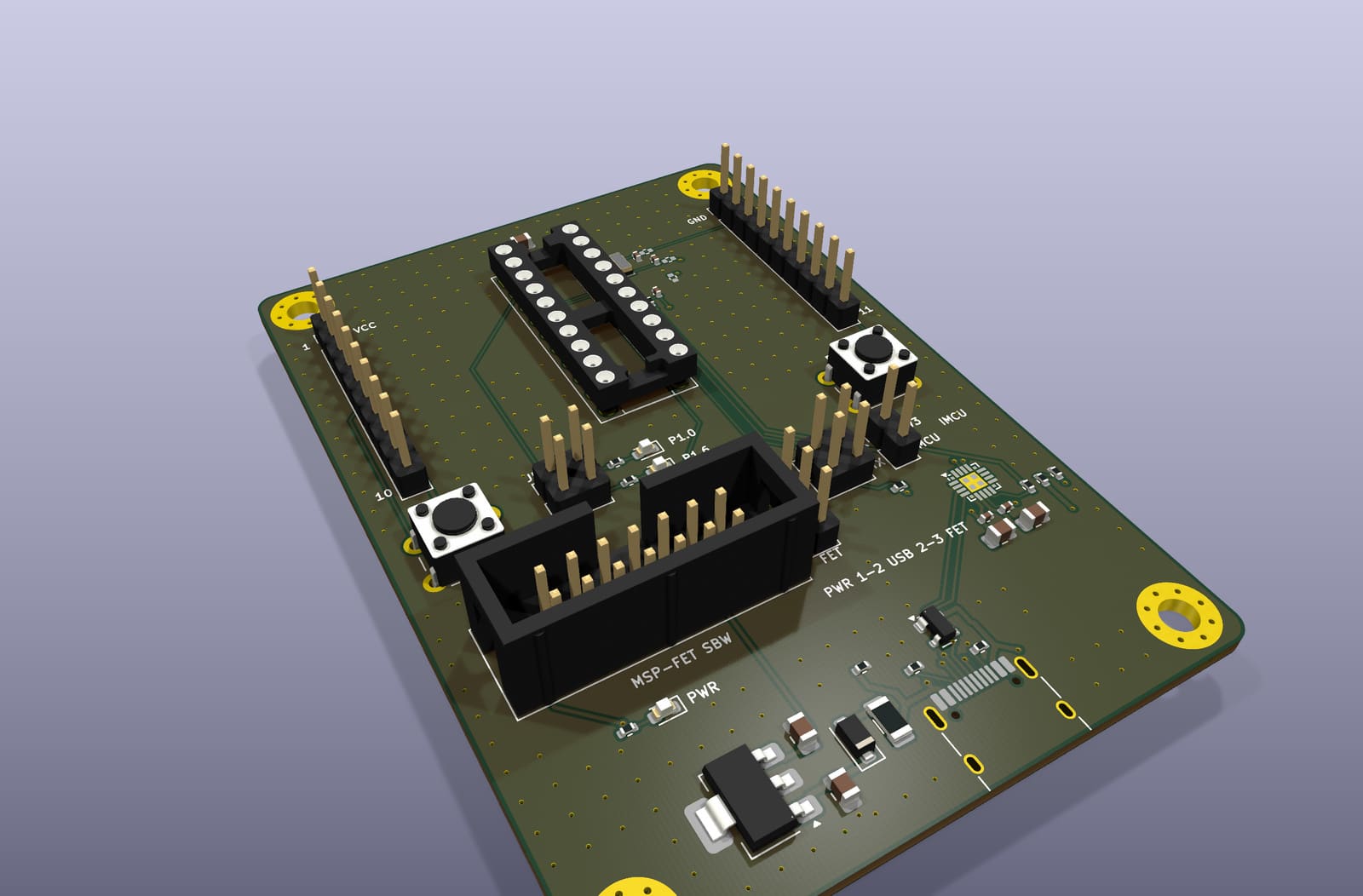 Perspective render of the EoS MSP430G2 Board from its KiCad 3D model: a DIP-20 socket between the expansion headers, with USB-C and a debug header above it