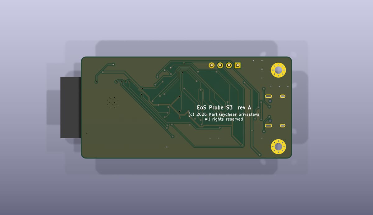 Bottom side of the EoS Probe S3, rendered from its KiCad 3D model