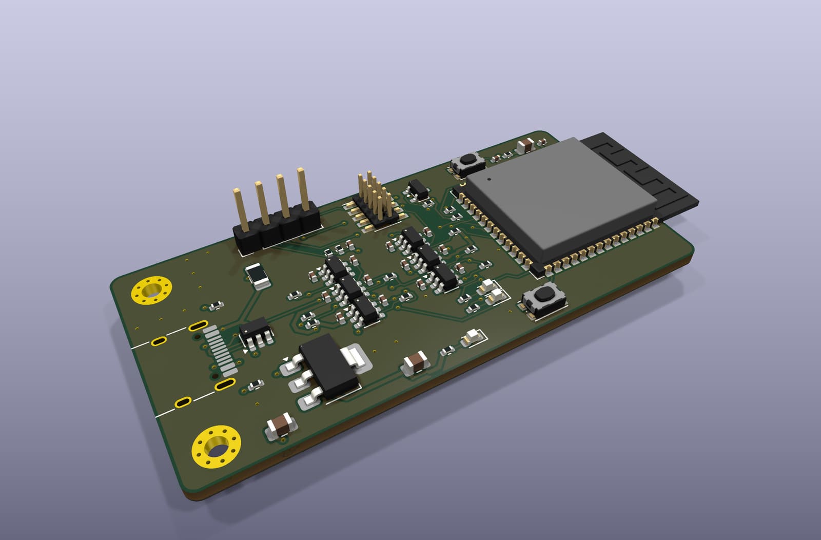 Perspective render of the EoS Probe S3 from its KiCad 3D model: the ESP32-S3 module on one end with its antenna past the board edge, six level shifters in the middle and the USB-C connector on the other end