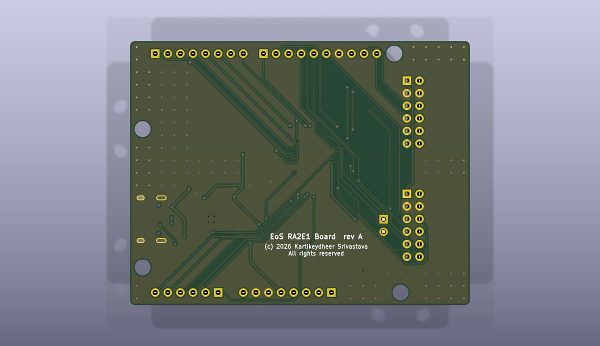 Bottom side of the EoS RA2E1 Board, rendered from its KiCad 3D model