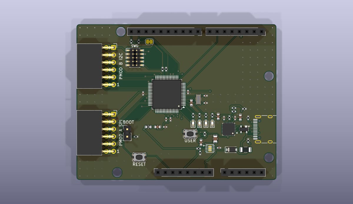 Top side of the EoS RA2E1 Board, rendered from its KiCad 3D model
