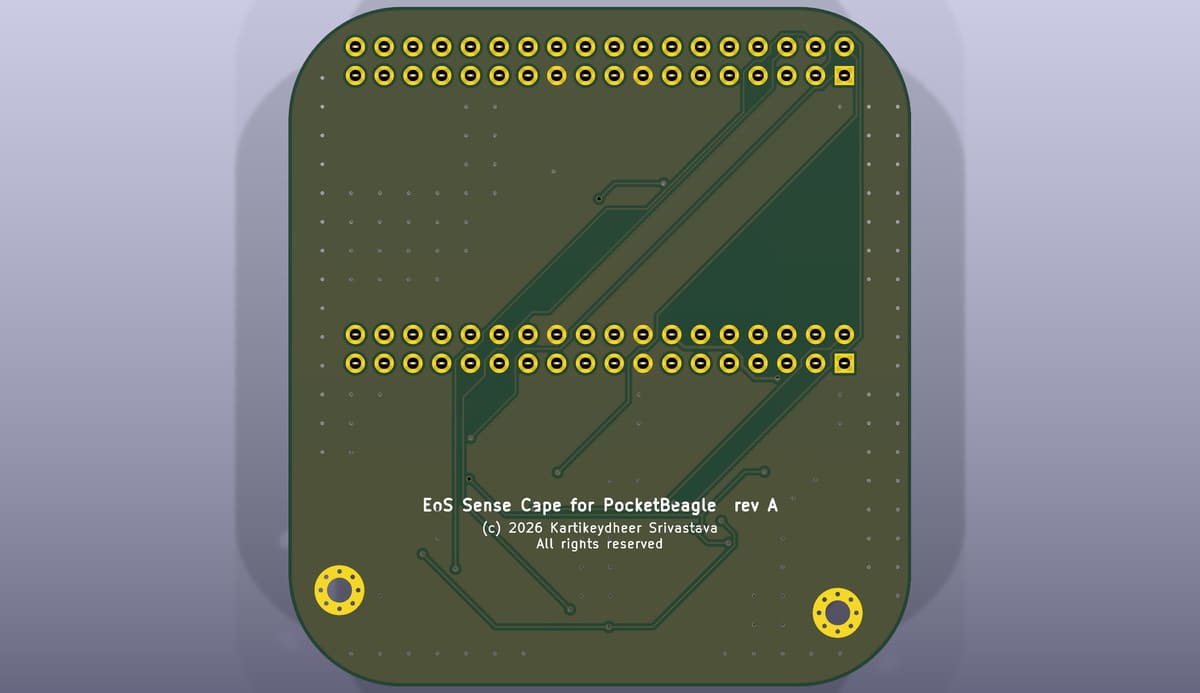 Bottom side of the EoS Sense Cape, rendered from its KiCad 3D model