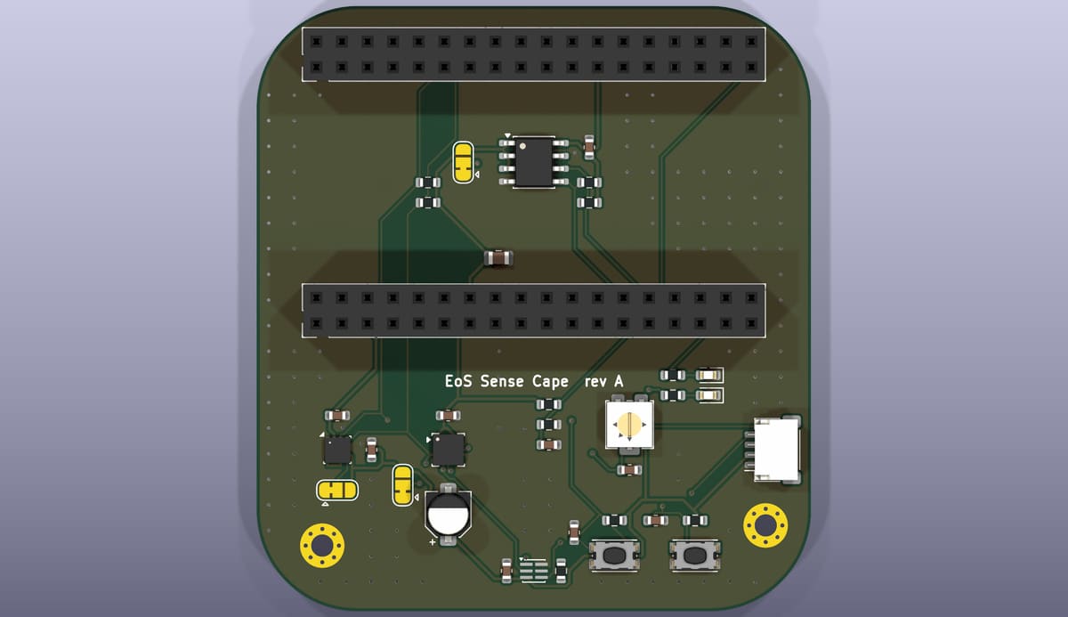Top side of the EoS Sense Cape, rendered from its KiCad 3D model