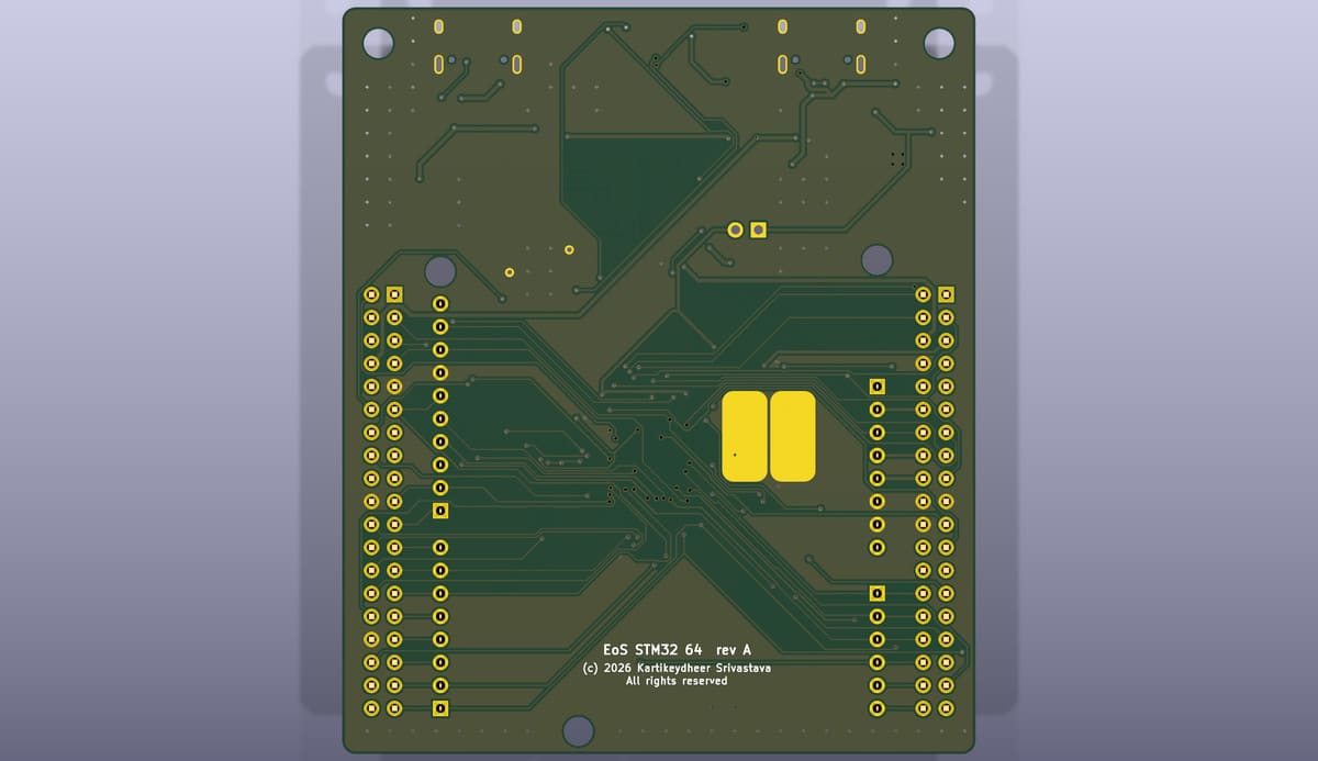 Bottom side of the EoS STM32 64, rendered from its KiCad 3D model