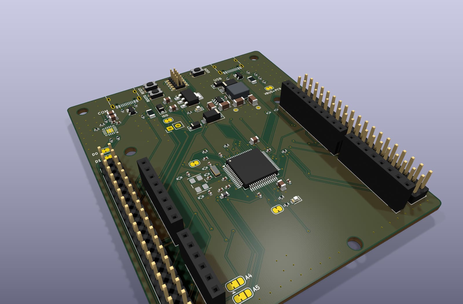 Perspective render of the EoS STM32 64 from its KiCad 3D model: two long morpho headers around the MCU and shield headers, with two USB-C ports