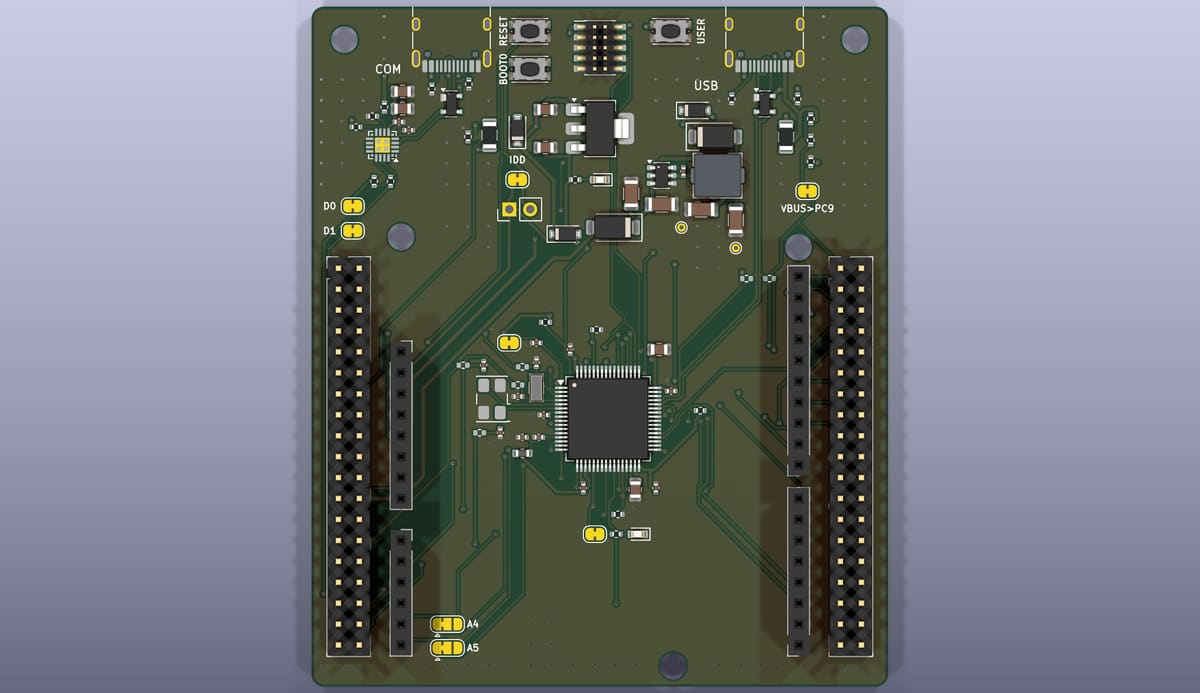 Top side of the EoS STM32 64, rendered from its KiCad 3D model
