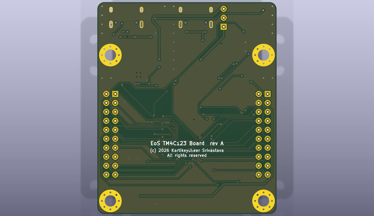 Bottom side of the EoS TM4C123 Board, rendered from its KiCad 3D model