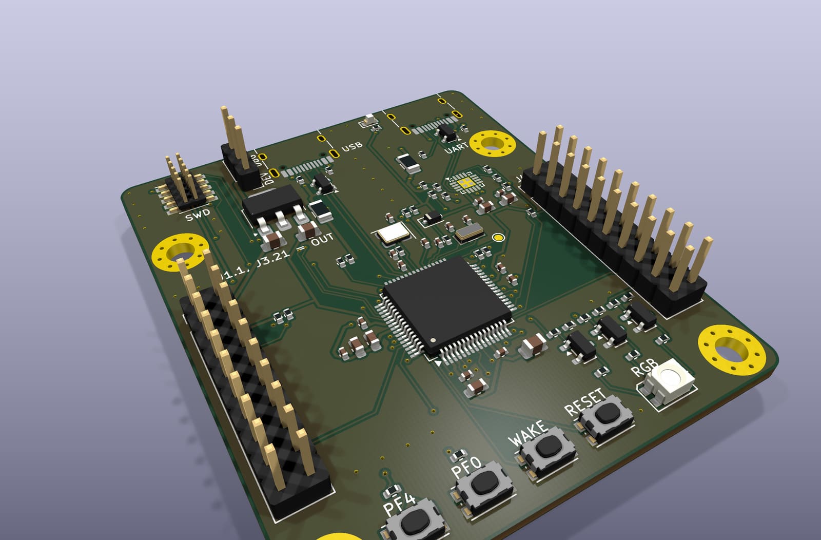 Perspective render of the EoS TM4C123 Board from its KiCad 3D model: the LQFP-64 MCU between four expansion-header rows, with two USB-C connectors