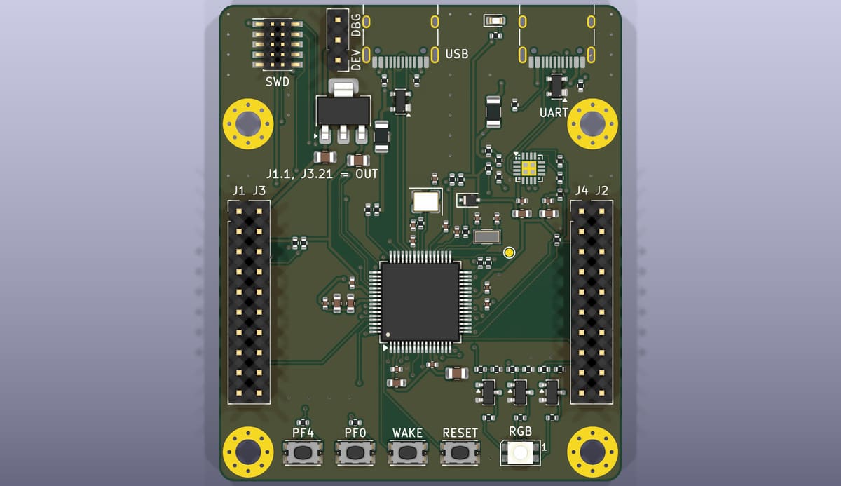 Top side of the EoS TM4C123 Board, rendered from its KiCad 3D model