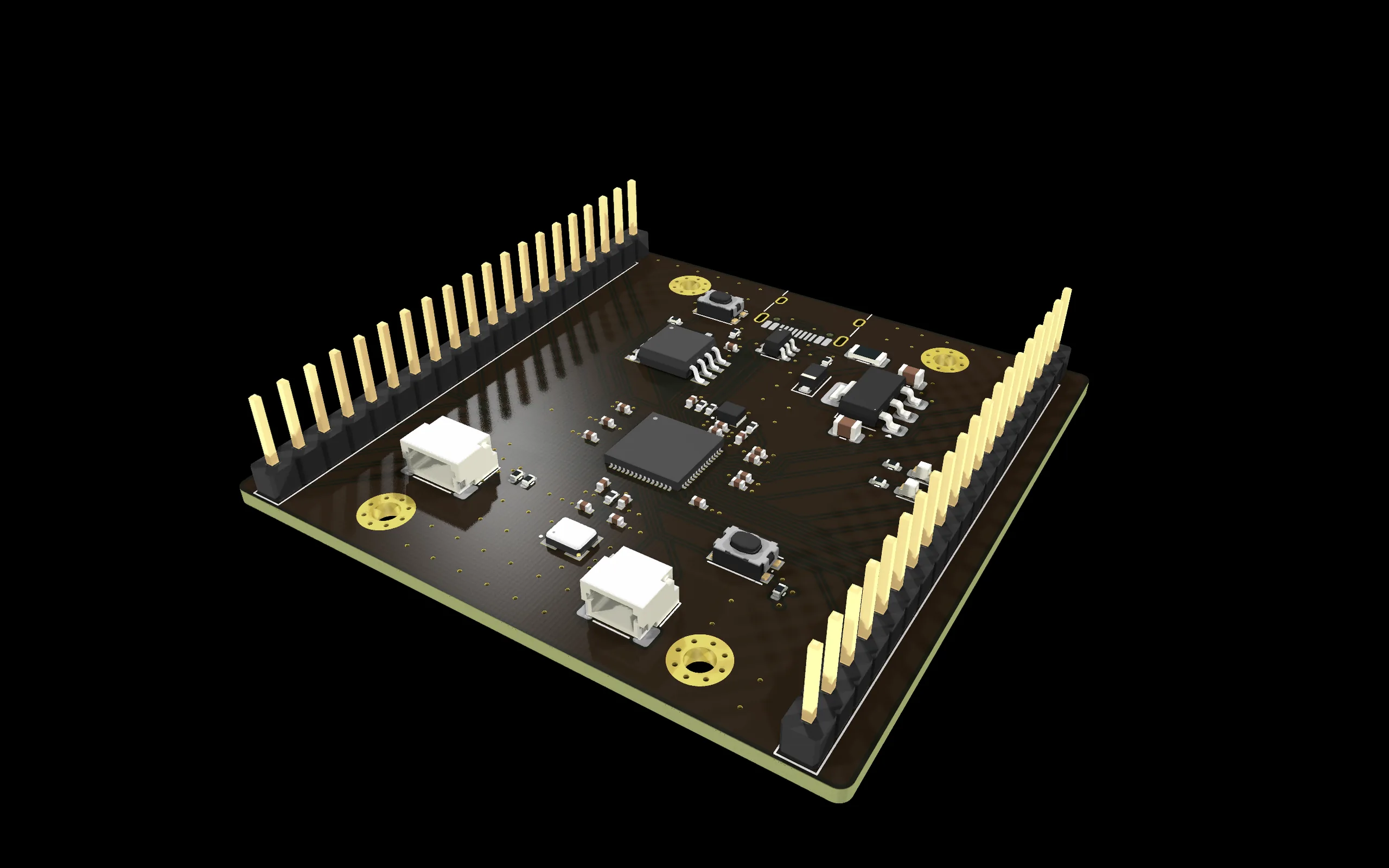 The EoS Learn RP2350 teaching board in black solder mask, ray-traced from its KiCad files