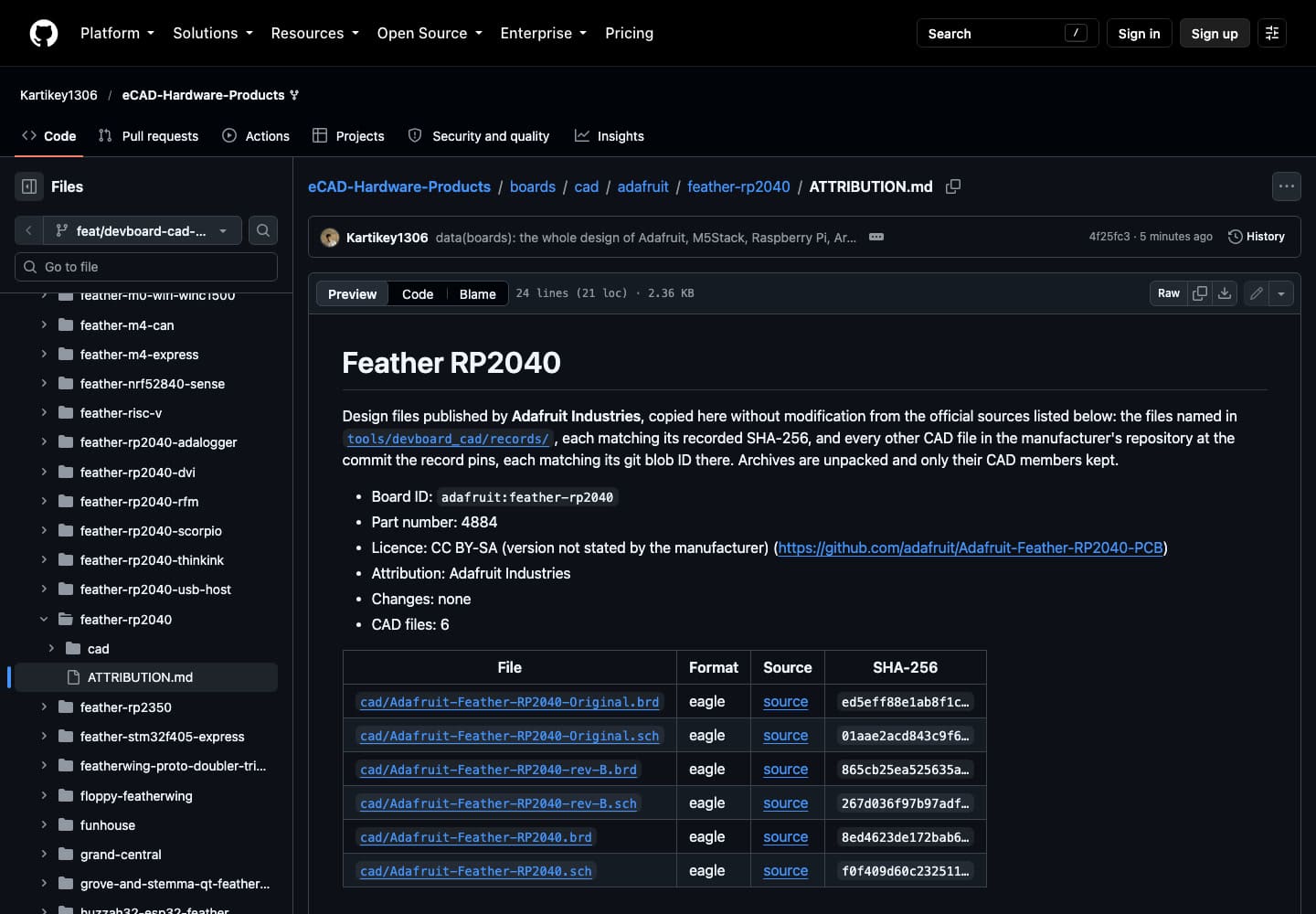GitHub view of the Feather RP2040 ATTRIBUTION.md listing licence, sources and SHA-256 digests