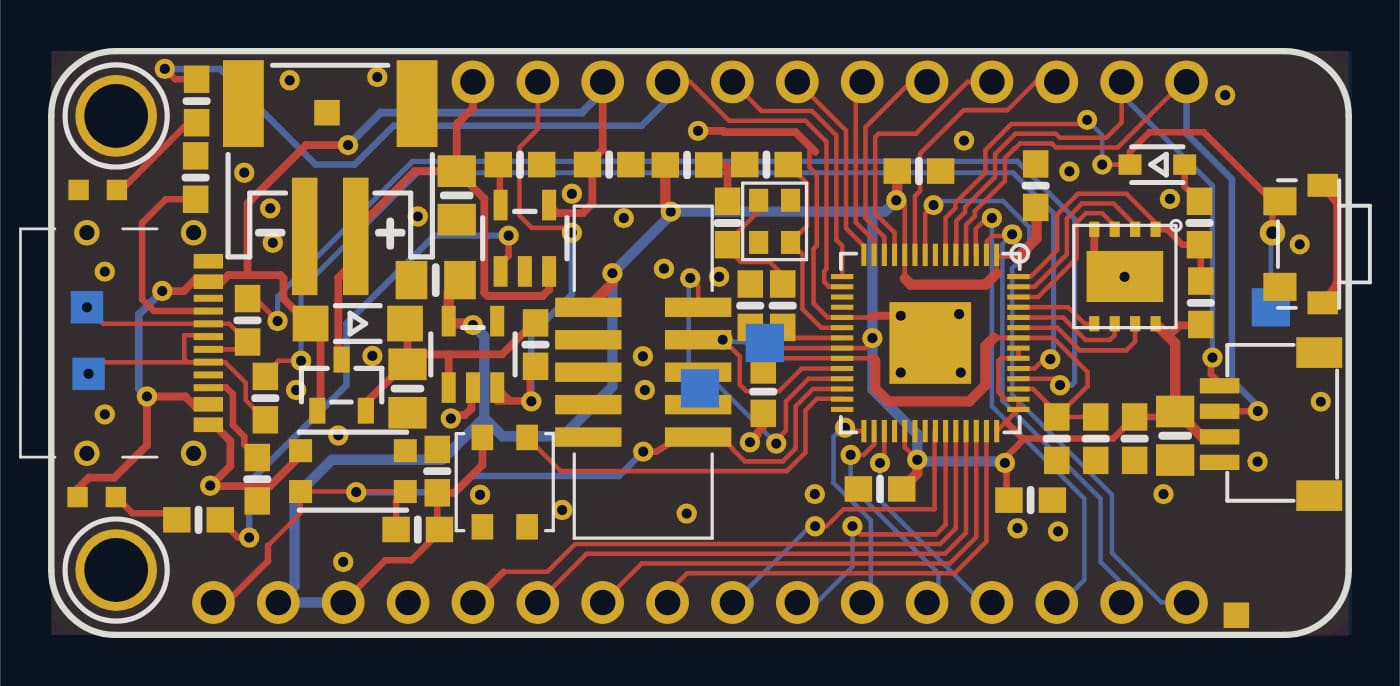 Eagle board of the Adafruit Feather RP2040 with the RP2040 chip and its fan-out routing