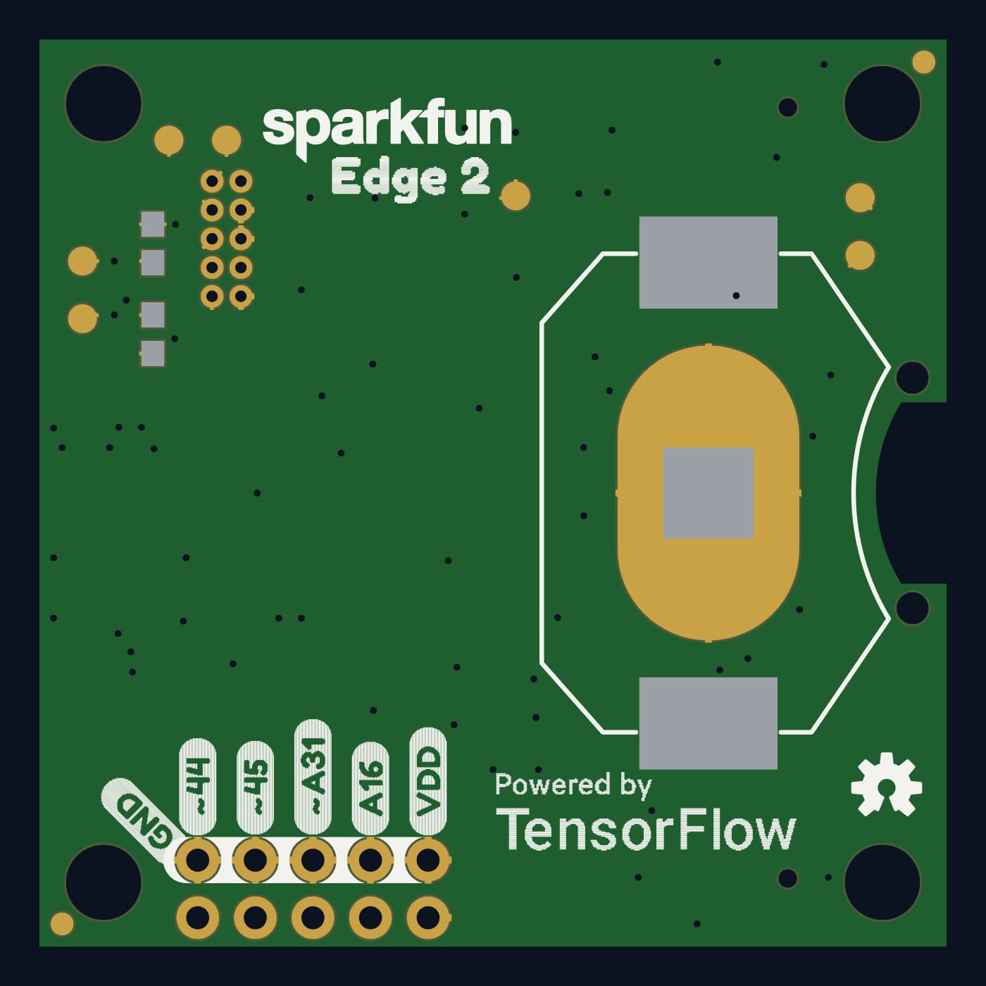 Bottom side of the SparkFun Edge 2 rendered from its Gerber files
