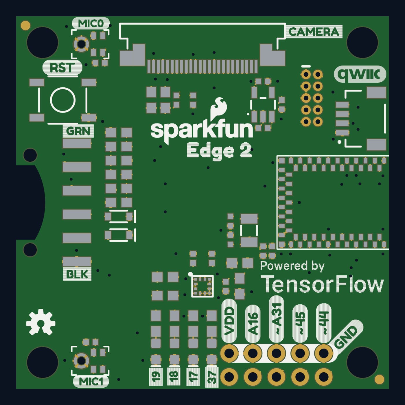 Top side of the SparkFun Edge 2 rendered from its Gerber files, with the camera connector and TensorFlow silkscreen