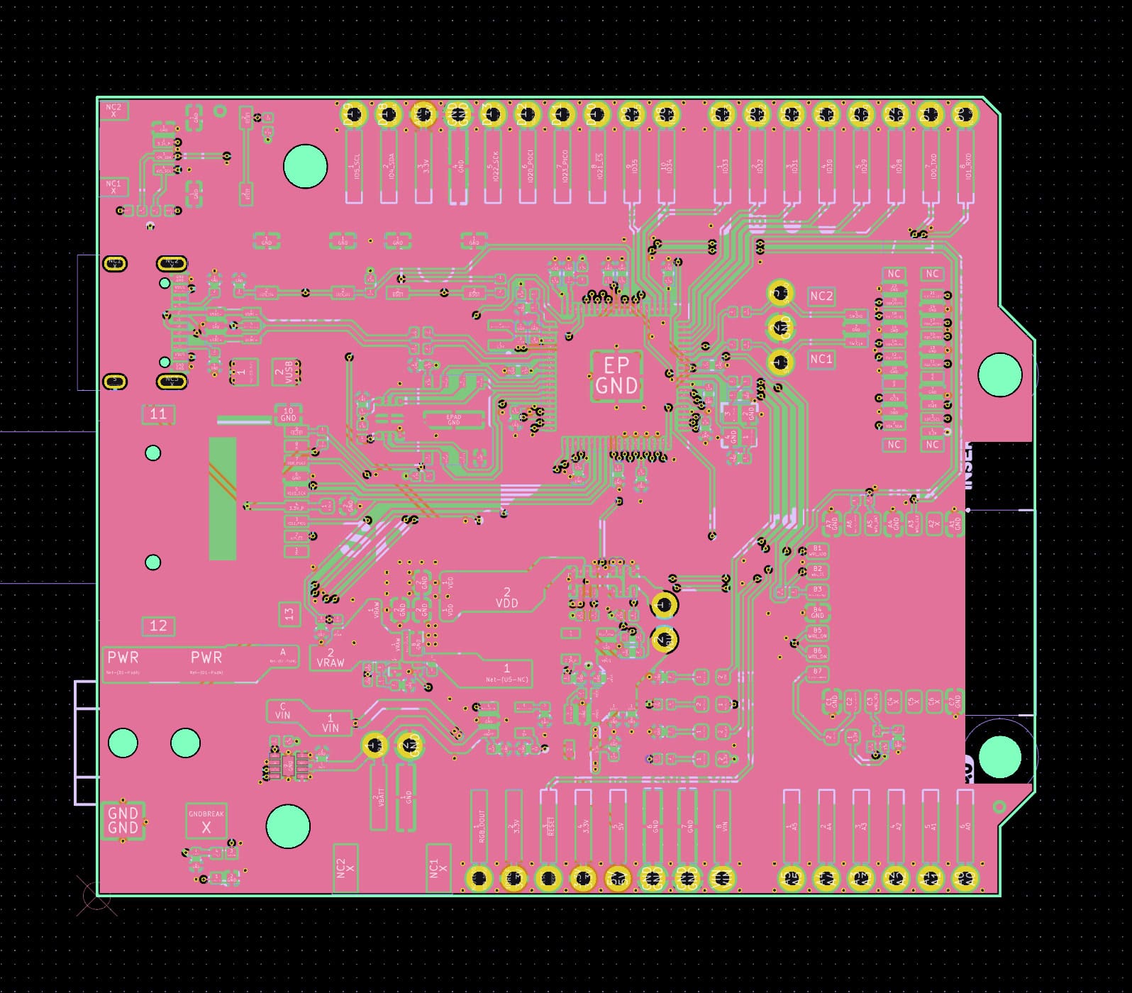 KiCad PCB of the SparkFun IoT RedBoard RP2350 rendered from the mirrored file, with routed copper, pads and header pins