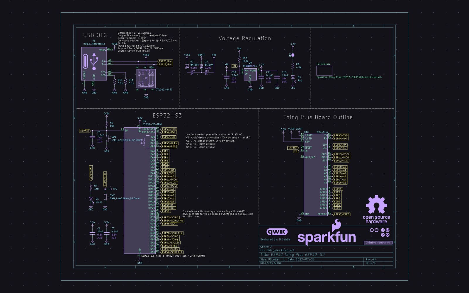 KiCad schematic of the SparkFun Thing Plus ESP32-S3 with USB, voltage regulation and the ESP32-S3 module